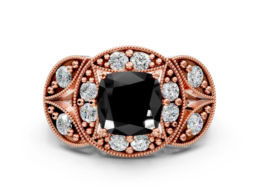 Rose gold Fancy Black Cushion Cut Halo Milgrain Diamond Engagement Ring with Leaf Band and Four-Prong Setting