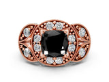 Rose gold Fancy Black Cushion Cut Halo Milgrain Diamond Engagement Ring with Leaf Band and Four-Prong Setting