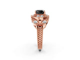 Rose gold Fancy Black Cushion Cut Halo Milgrain Diamond Engagement Ring with Leaf Band and Four-Prong Setting_2
