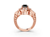 Rose gold Fancy Black Cushion Cut Halo Milgrain Diamond Engagement Ring with Leaf Band and Four-Prong Setting_3