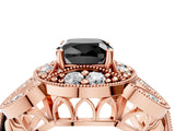 Rose gold Fancy Black Cushion Cut Halo Milgrain Diamond Engagement Ring with Leaf Band and Four-Prong Setting_4