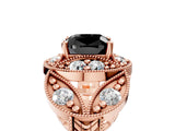 Rose gold Fancy Black Cushion Cut Halo Milgrain Diamond Engagement Ring with Leaf Band and Four-Prong Setting_5