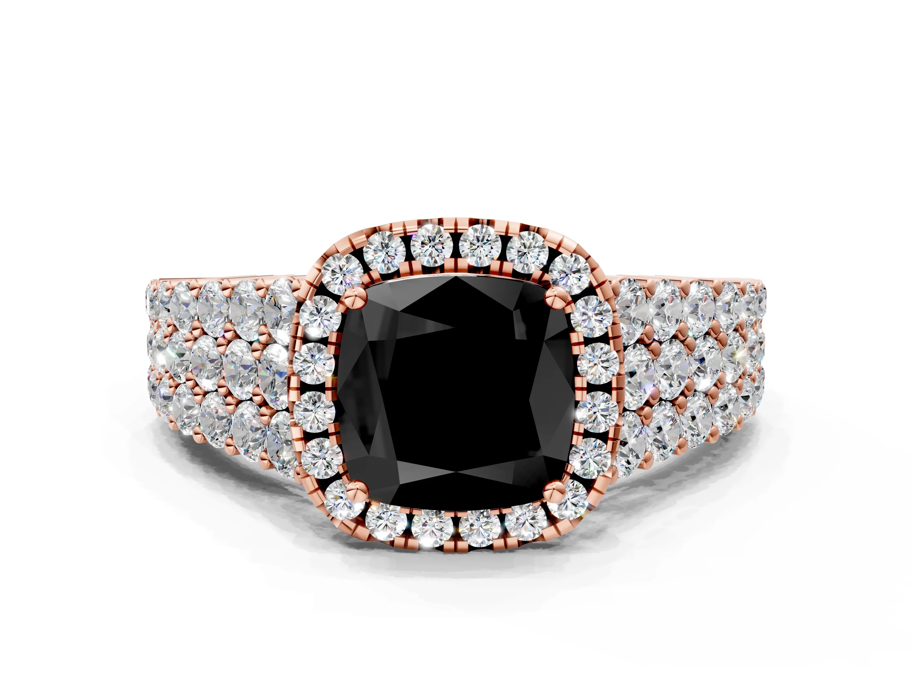 Rose gold Fancy Black Cushion Cut Halo Pavé Diamond Engagement Ring with Split Shank and Four-Prong Setting_3