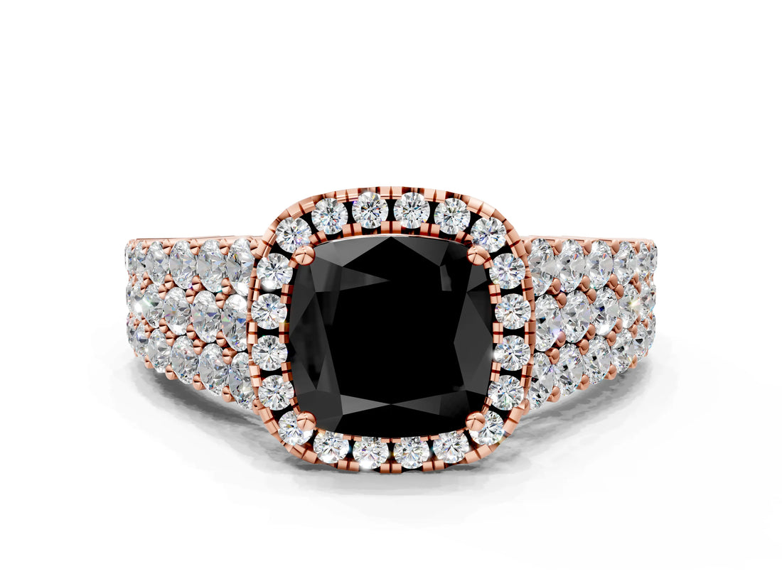 Rose gold Fancy Black Cushion Cut Halo Pavé Diamond Engagement Ring with Split Shank and Four-Prong Setting_3