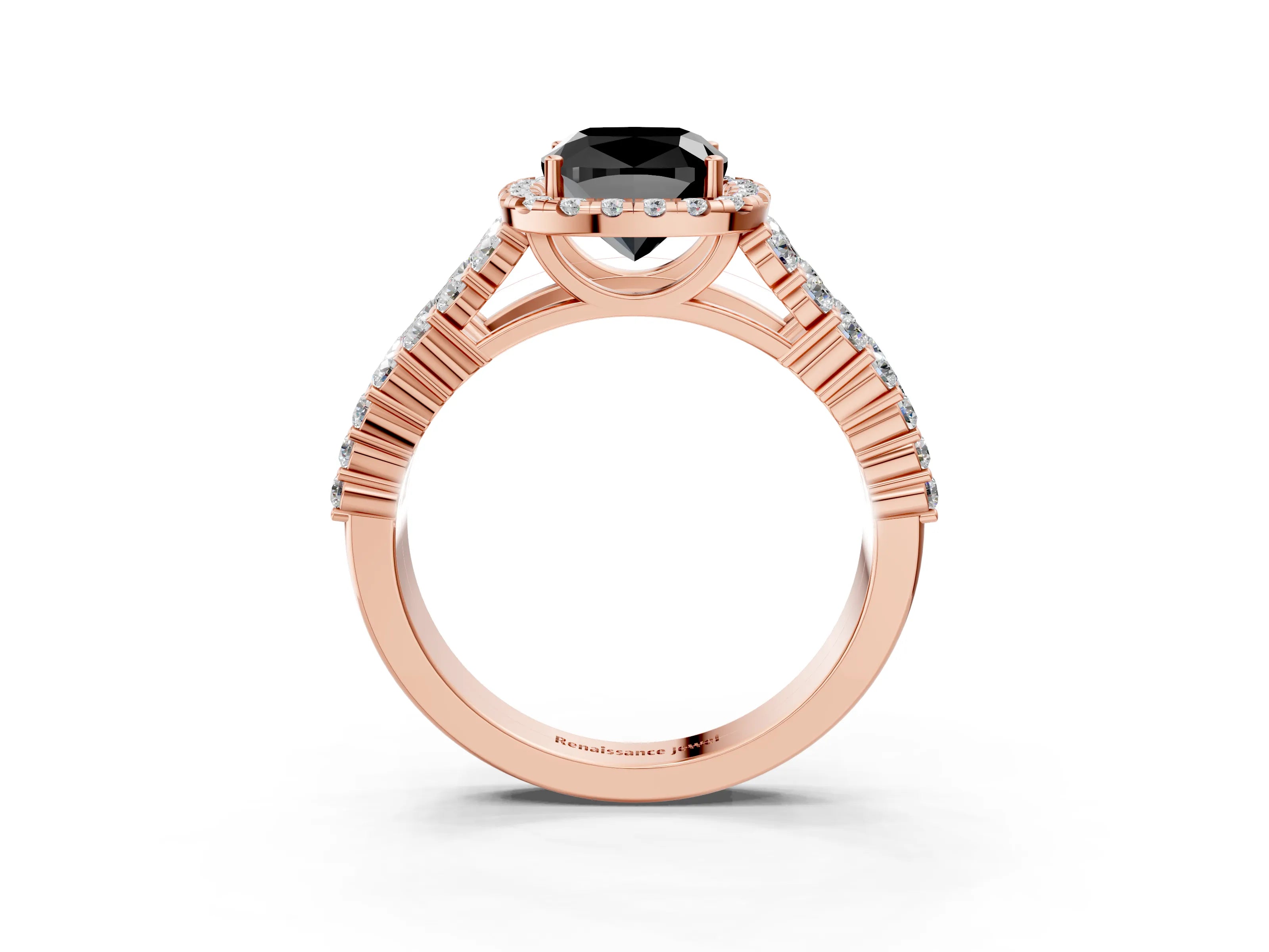 Rose gold Fancy Black Cushion Cut Halo Pavé Diamond Engagement Ring with Split Shank and Four-Prong Setting_6