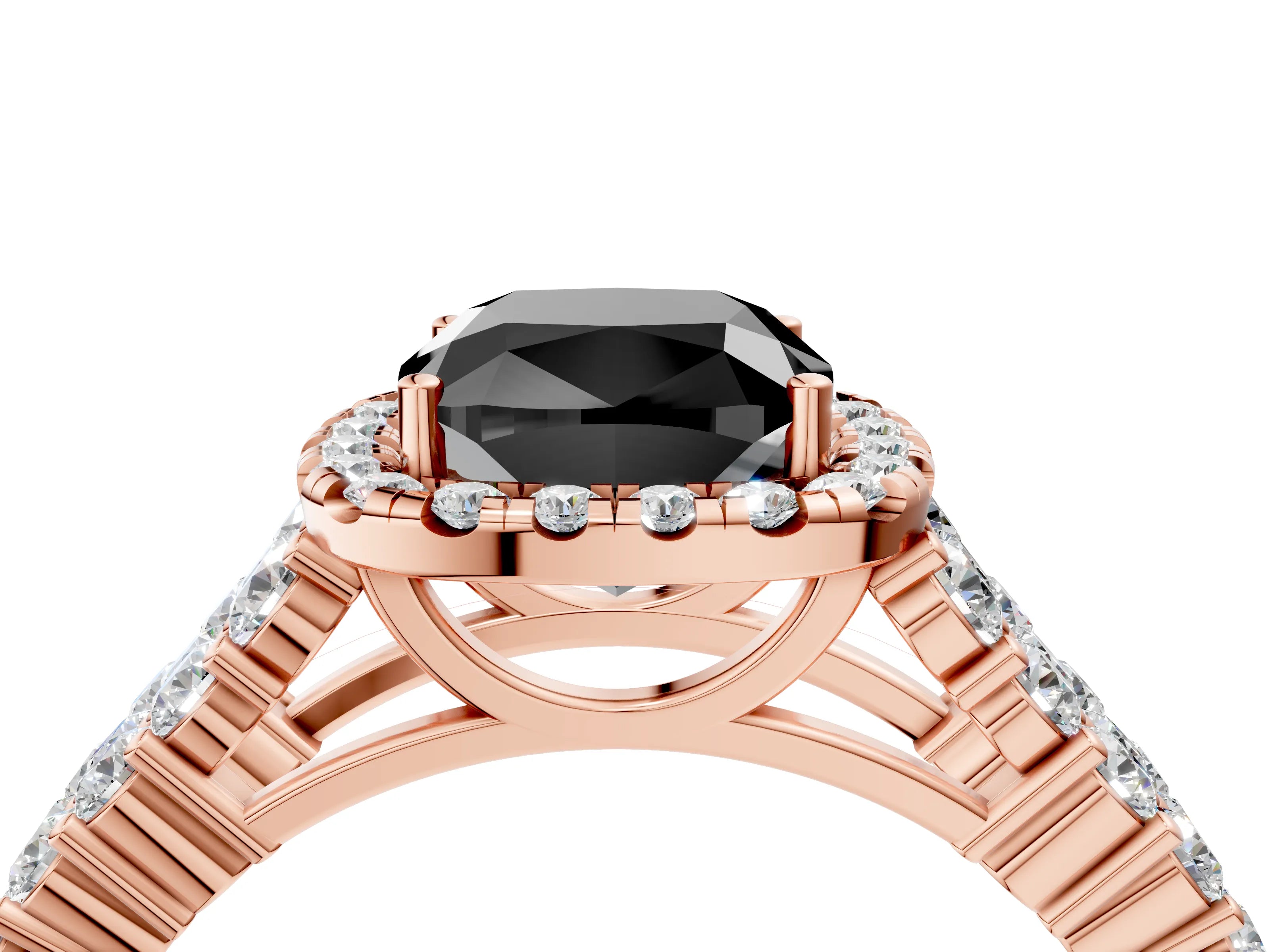 Rose gold Fancy Black Cushion Cut Halo Pavé Diamond Engagement Ring with Split Shank and Four-Prong Setting_7