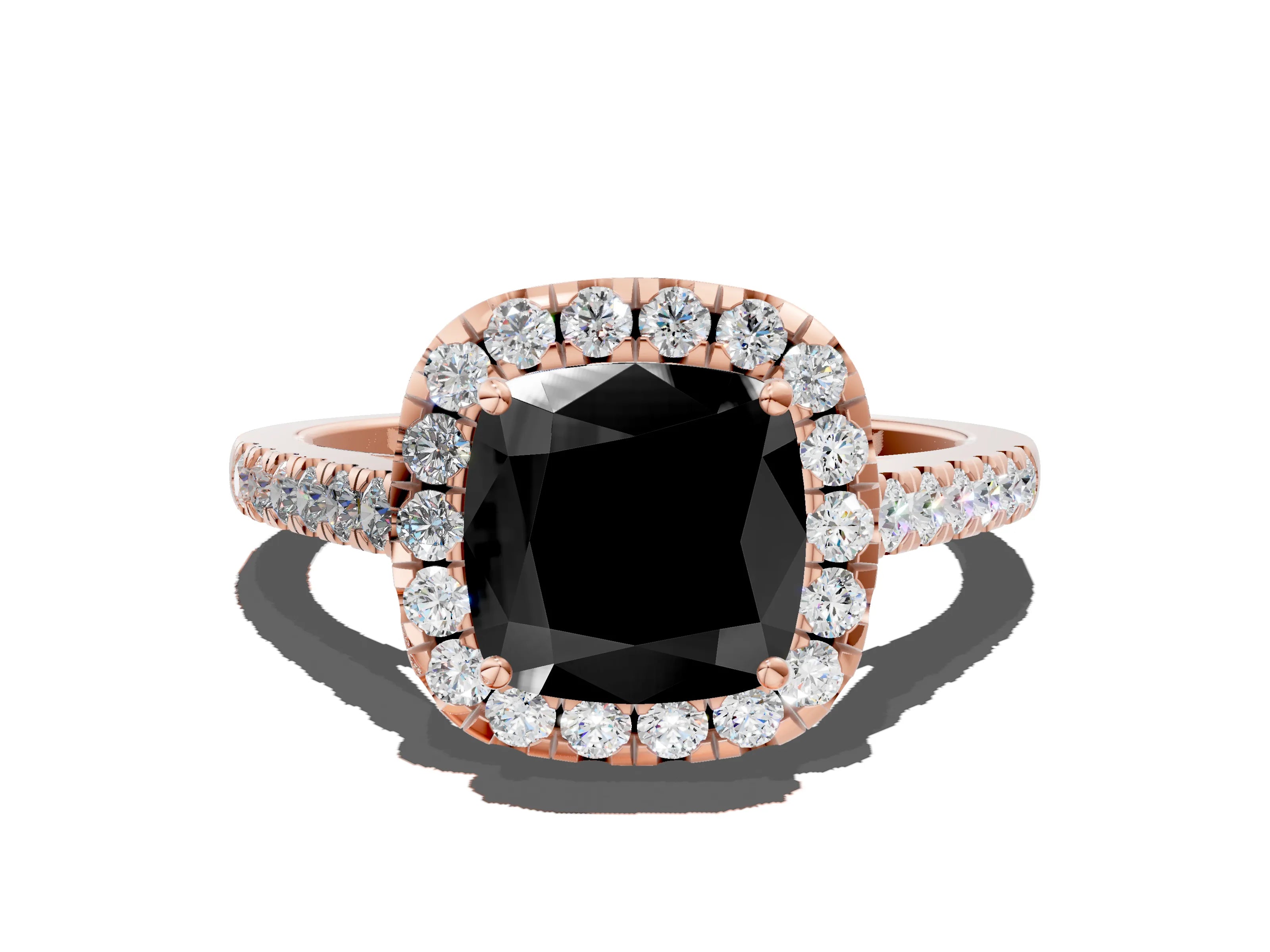 Rose gold Fancy Black Cushion Cut Halo Pave Diamond Engagement Ring with Four-Prong Setting