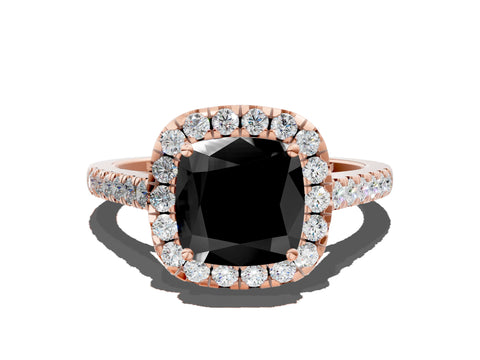 Rose gold Fancy Black Cushion Cut Halo Pave Diamond Engagement Ring with Four-Prong Setting