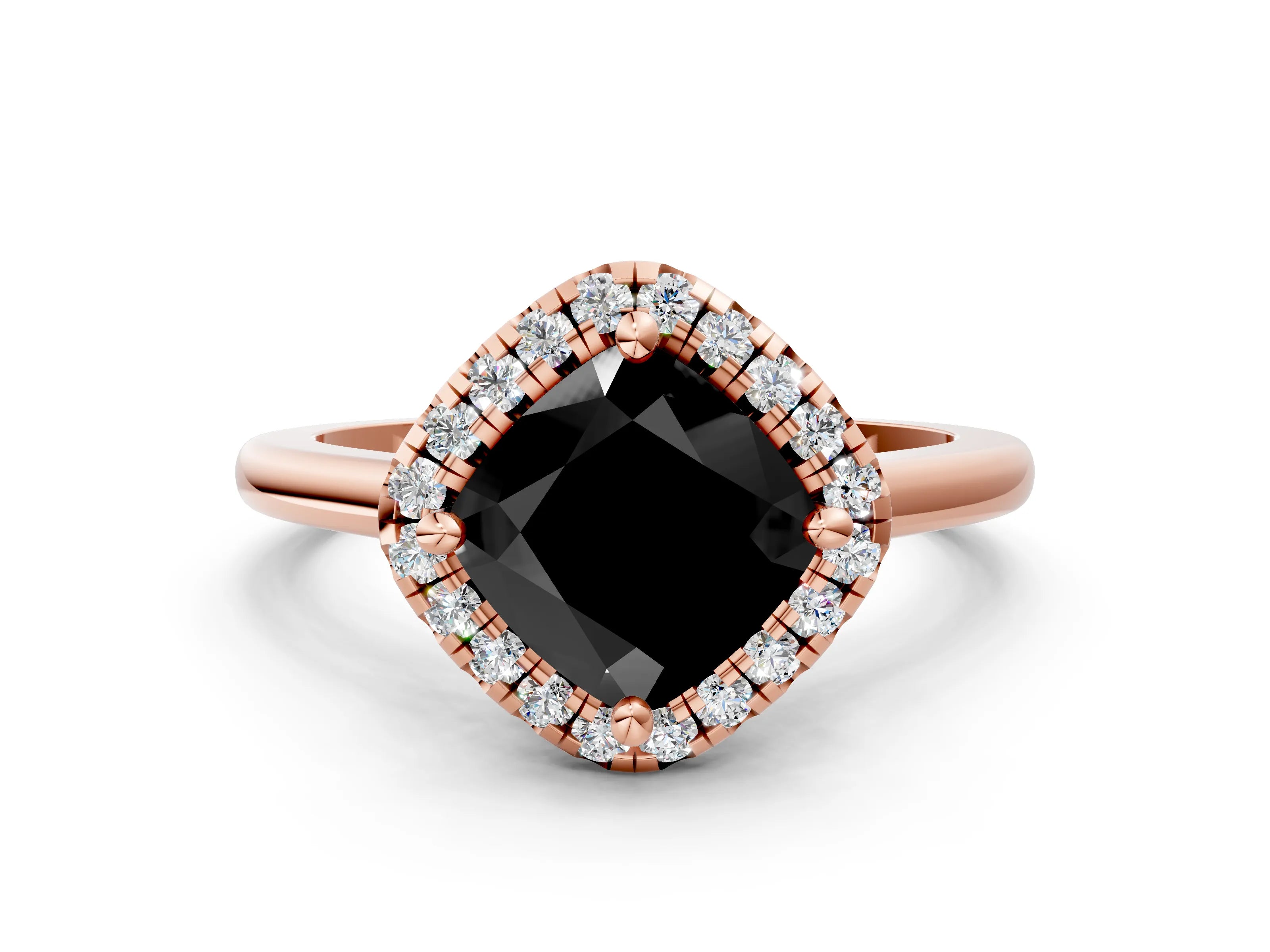 Rose gold Fancy Black Cushion Cut Halo Round Diamond Solitaire Engagement Ring with Pave Band and Four-Prong Setting_12
