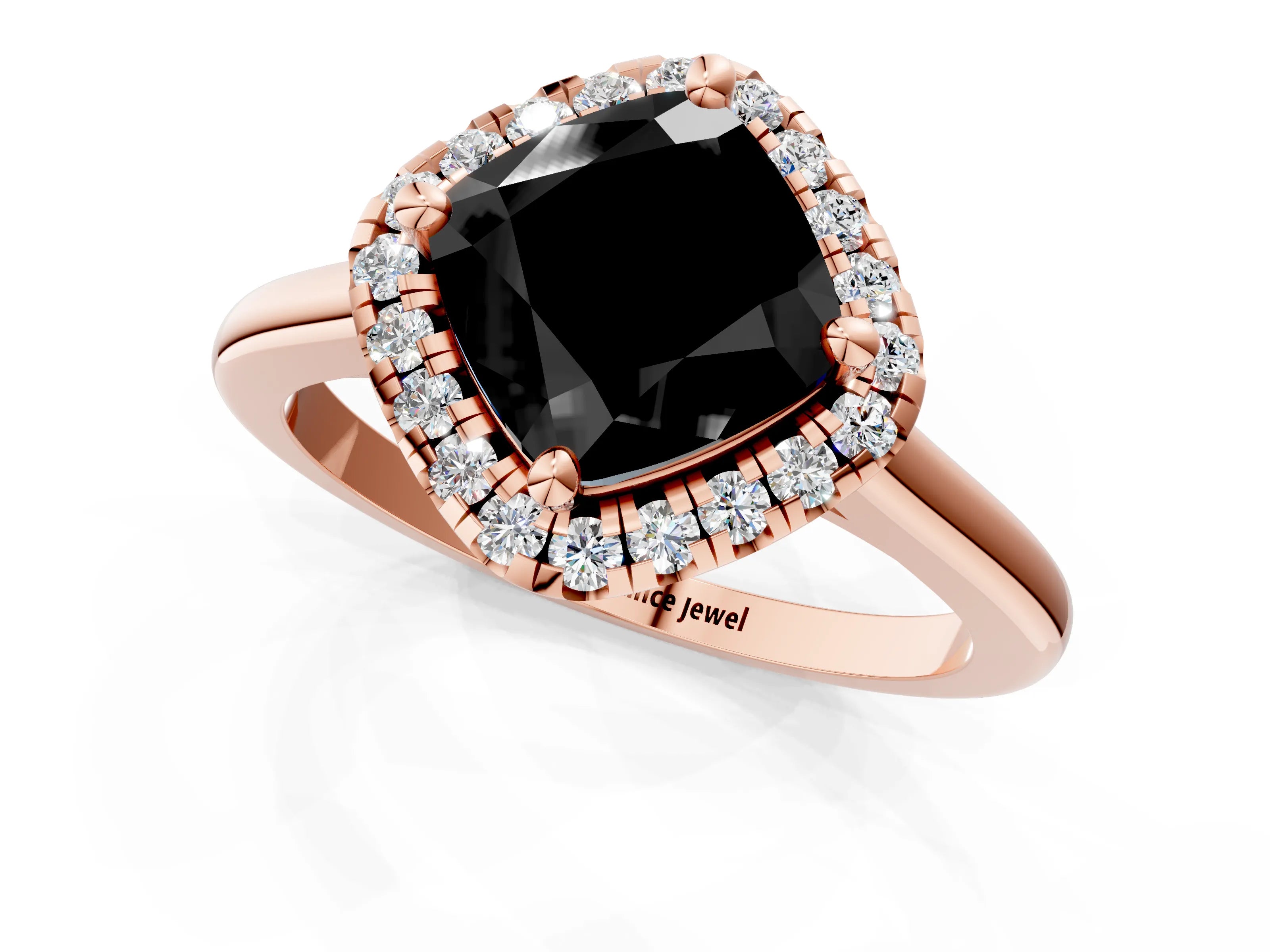 Rose gold Fancy Black Cushion Cut Halo Round Diamond Solitaire Engagement Ring with Pave Band and Four-Prong Setting_13