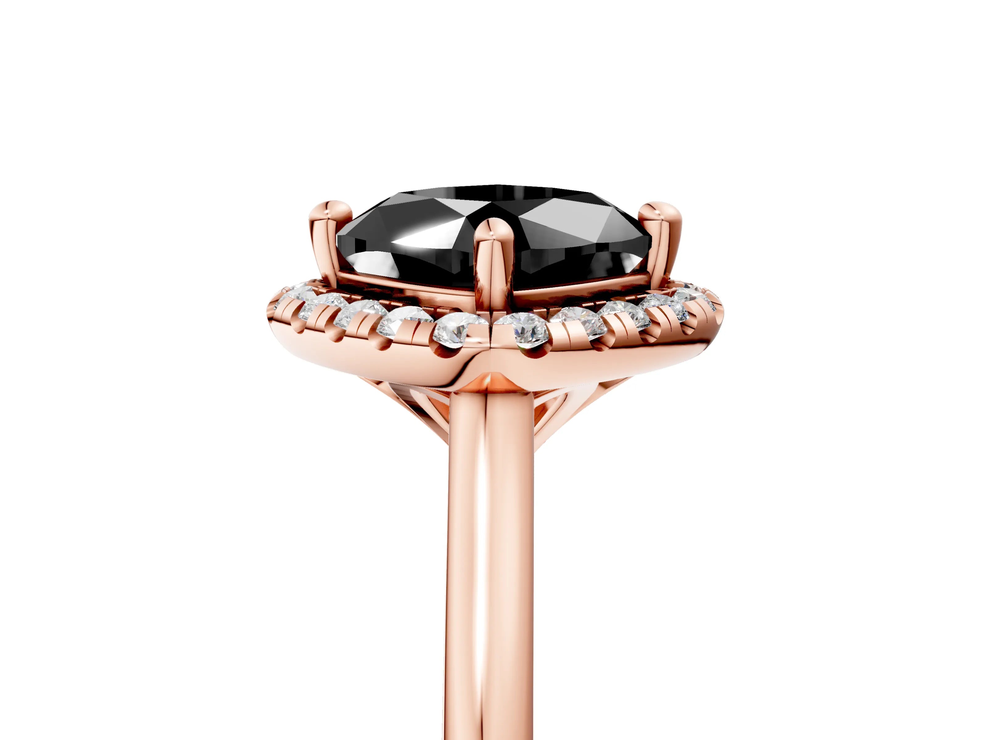 Rose gold Fancy Black Cushion Cut Halo Round Diamond Solitaire Engagement Ring with Pave Band and Four-Prong Setting_17
