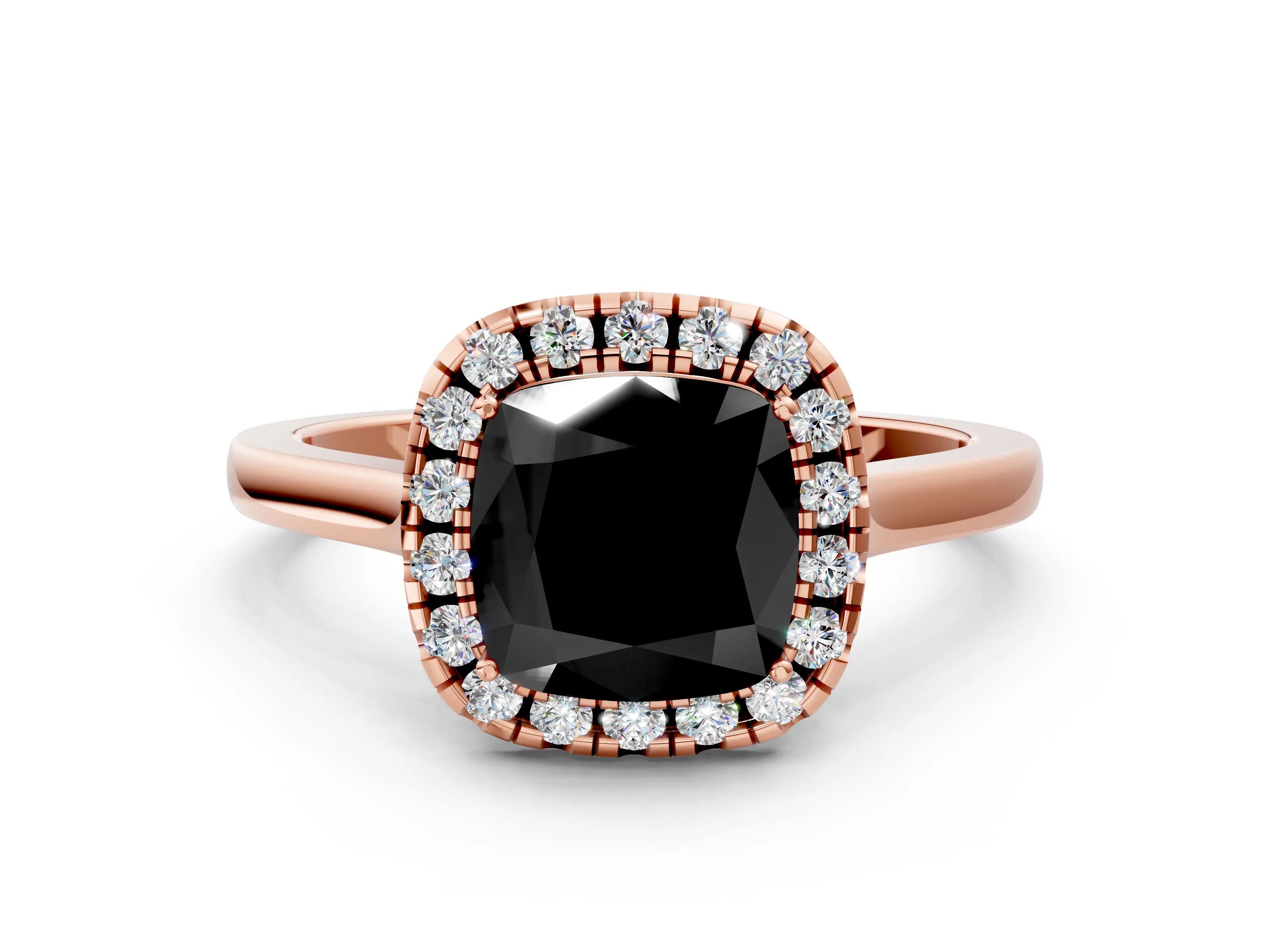 Rose gold Fancy Black Cushion Cut Halo Round Diamond Solitaire Ring with Pavé Band and Four-Prong Setting_12