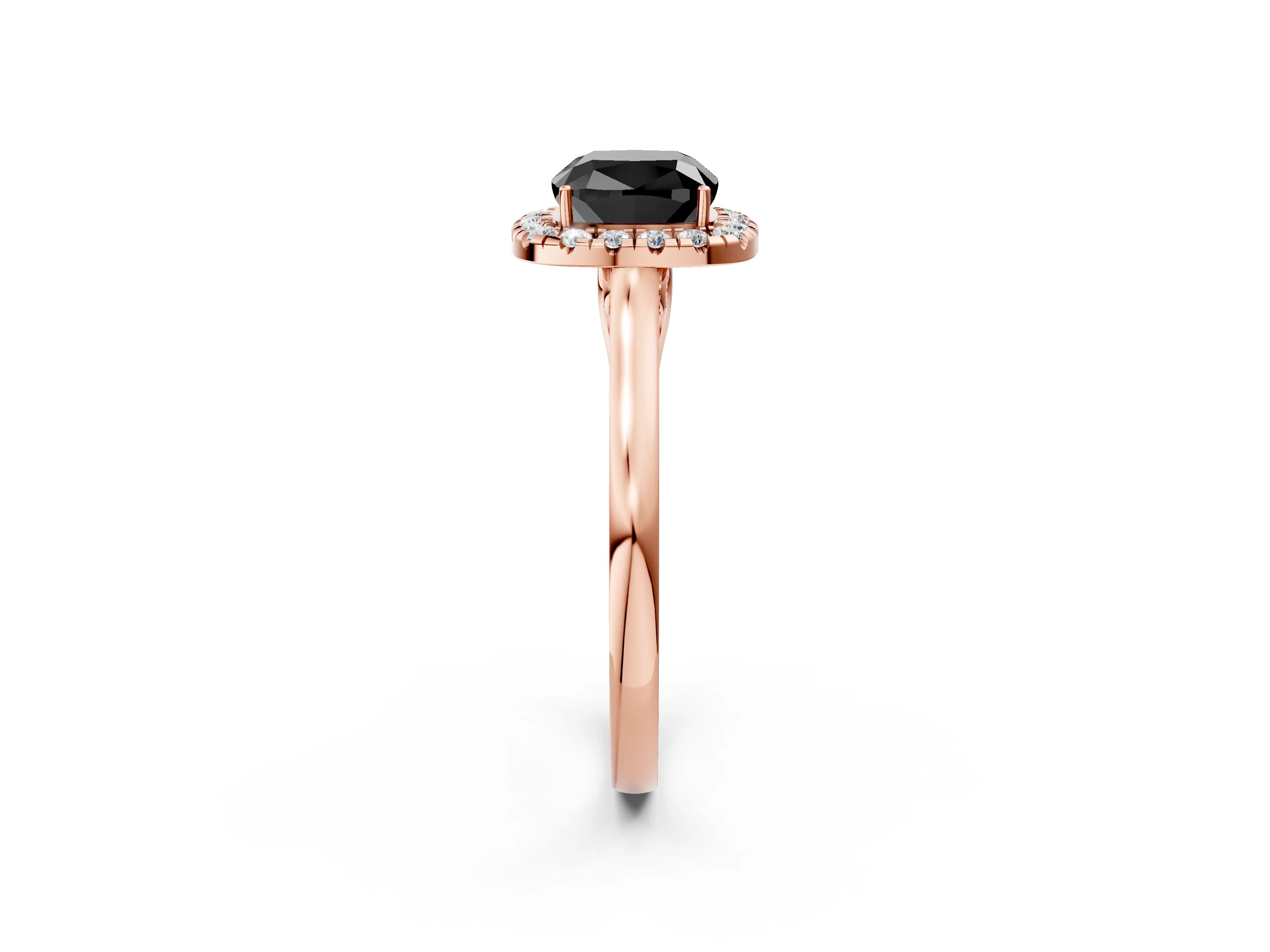 Rose gold Fancy Black Cushion Cut Halo Round Diamond Solitaire Ring with Pavé Band and Four-Prong Setting_14