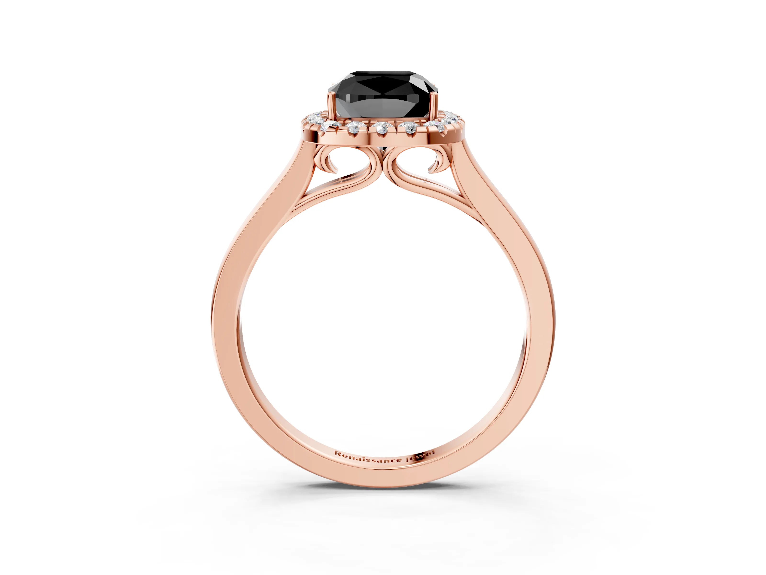 Rose gold Fancy Black Cushion Cut Halo Round Diamond Solitaire Ring with Pavé Band and Four-Prong Setting_15