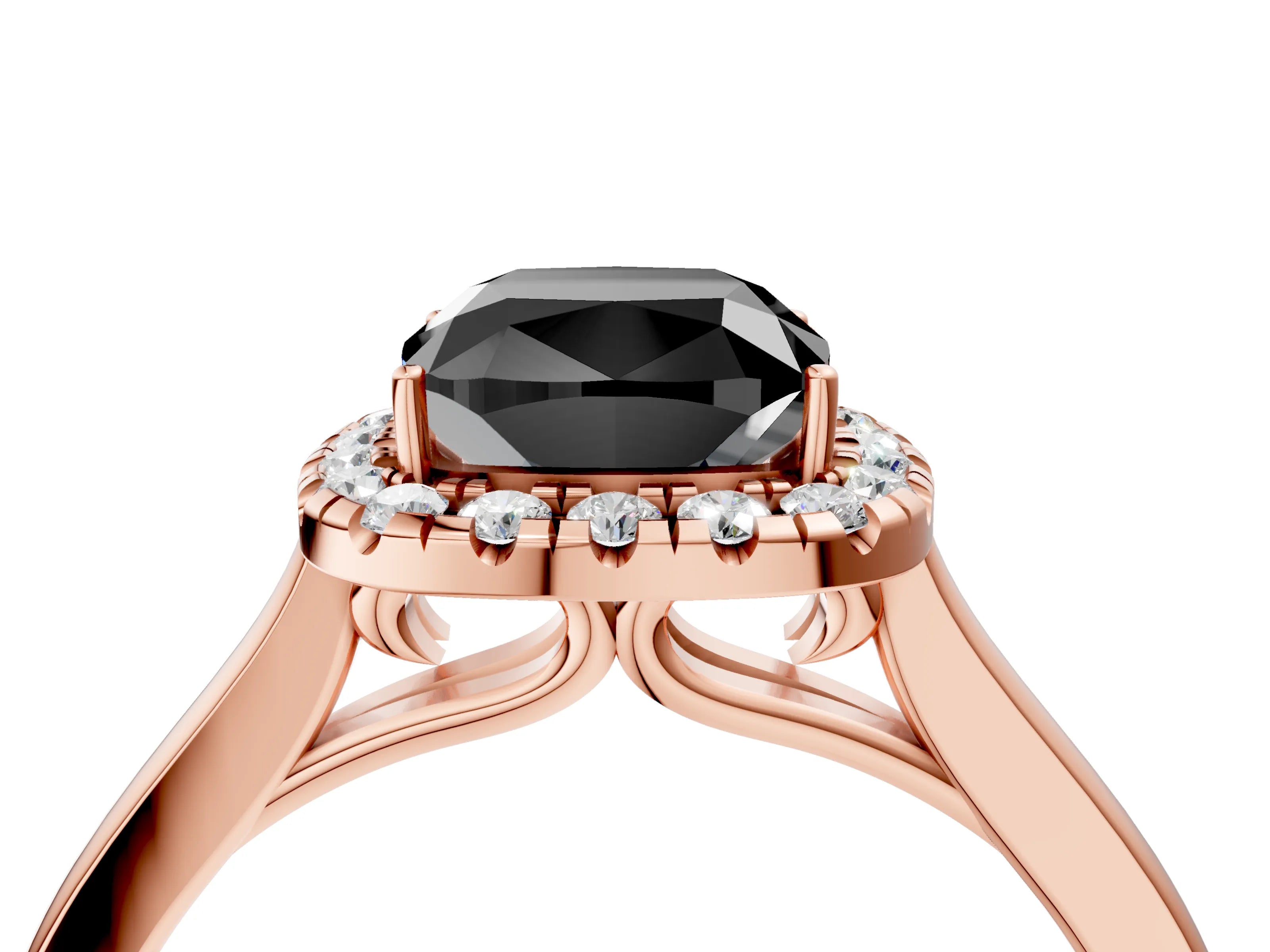 Rose gold Fancy Black Cushion Cut Halo Round Diamond Solitaire Ring with Pavé Band and Four-Prong Setting_16