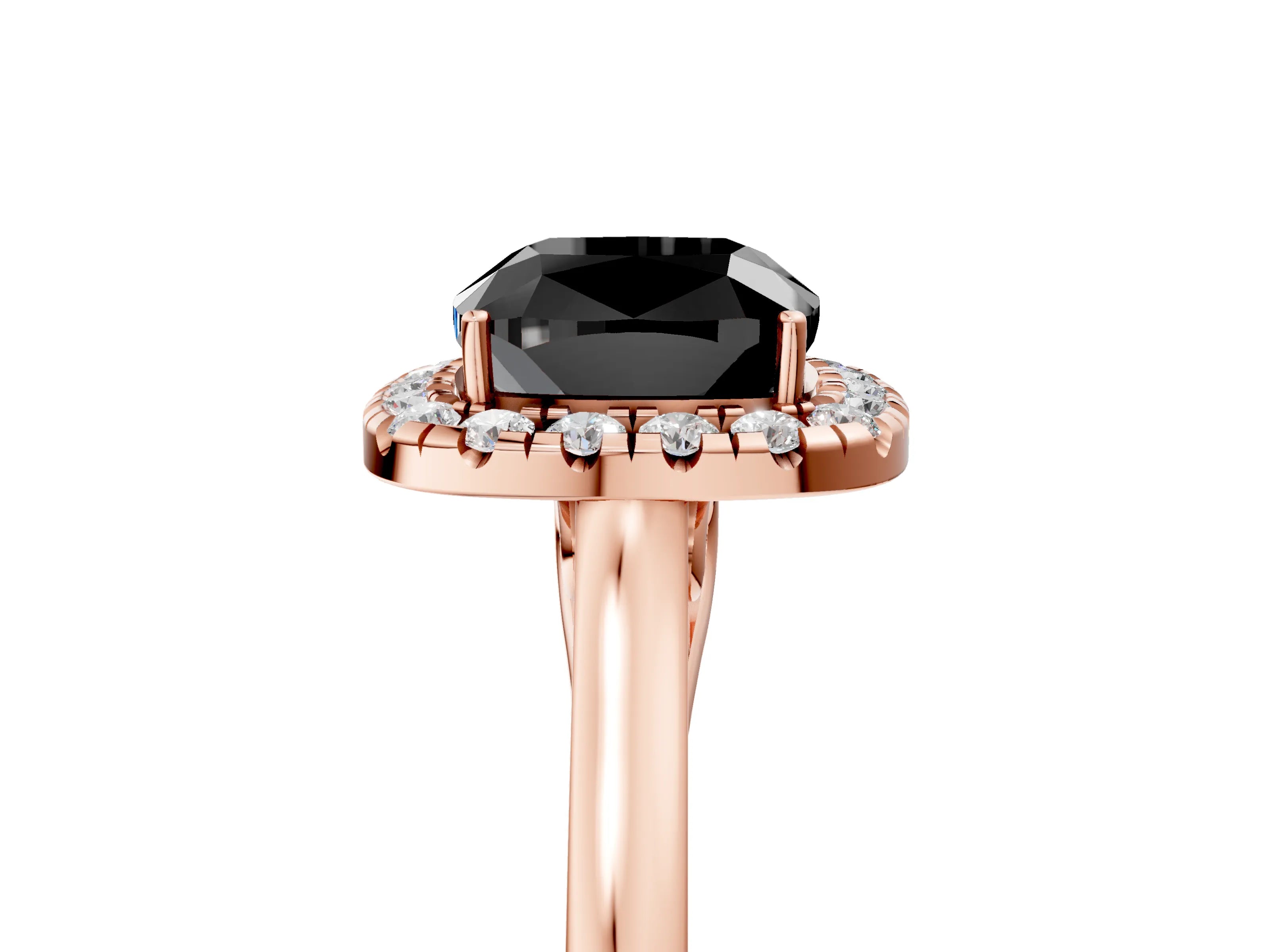Rose gold Fancy Black Cushion Cut Halo Round Diamond Solitaire Ring with Pavé Band and Four-Prong Setting_17