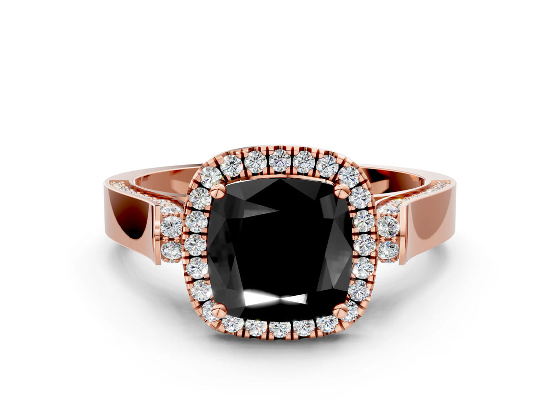Rose gold Fancy Black Cushion Cut Halo Round Diamond Twist Band with Four-Prong Setting