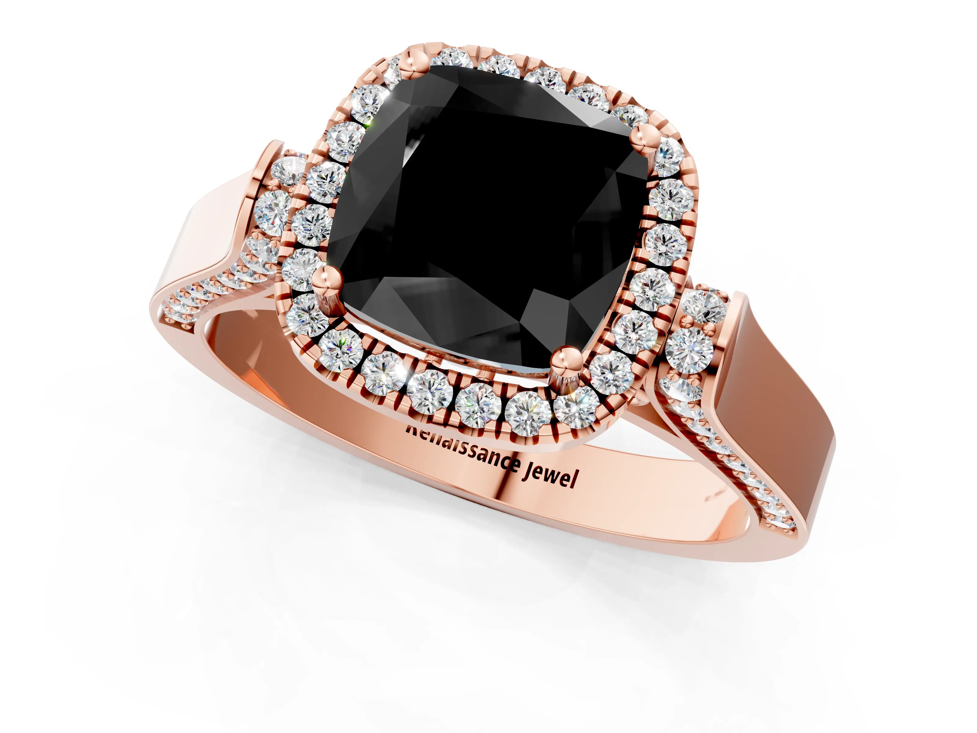 Rose gold Fancy Black Cushion Cut Halo Round Diamond Twist Band with Four-Prong Setting_1
