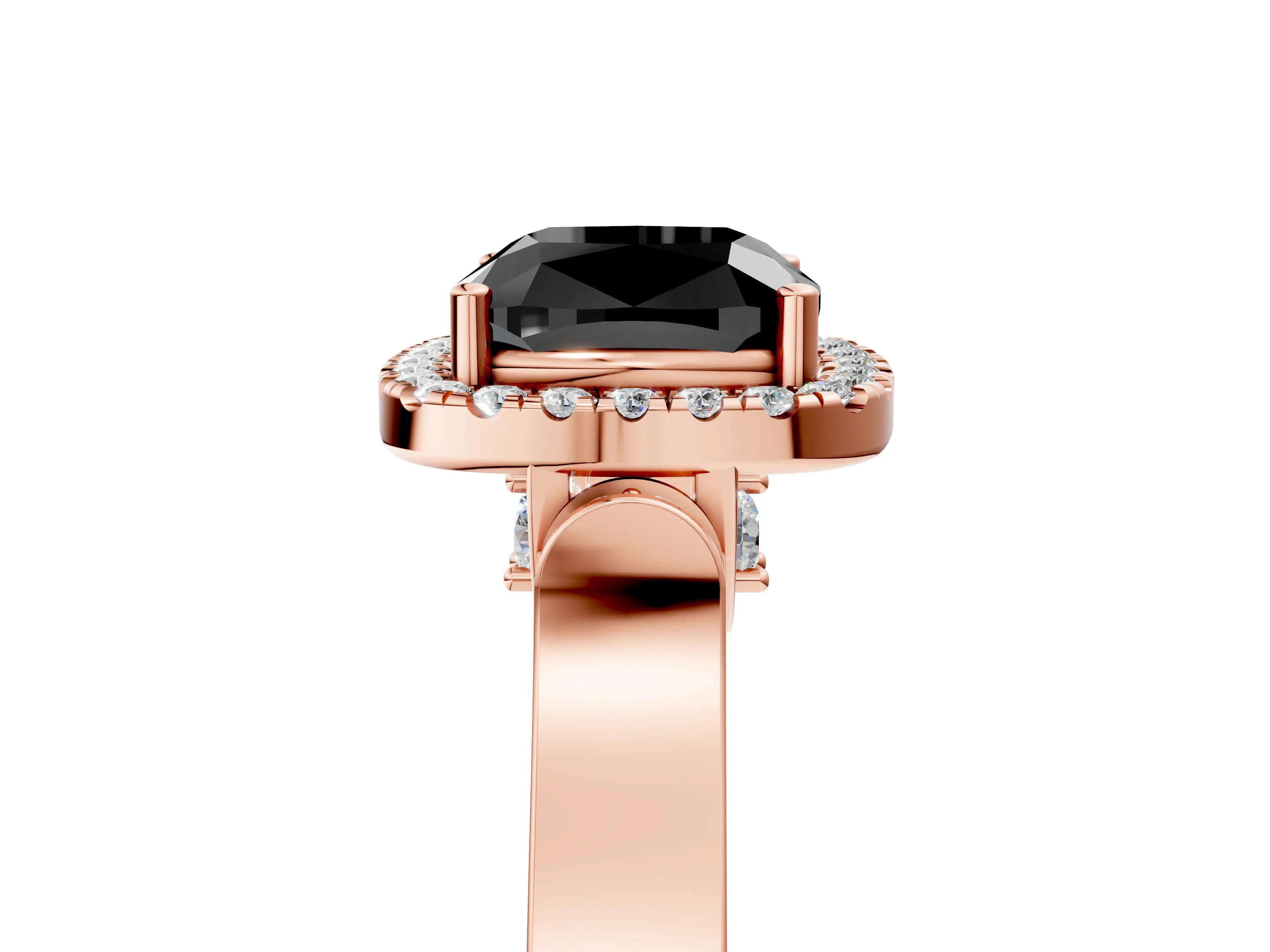 Rose gold Fancy Black Cushion Cut Halo Round Diamond Twist Band with Four-Prong Setting_5