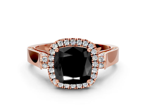Rose gold Fancy Black Cushion Cut Halo Round Diamond Twist Band with Four-Prong Setting