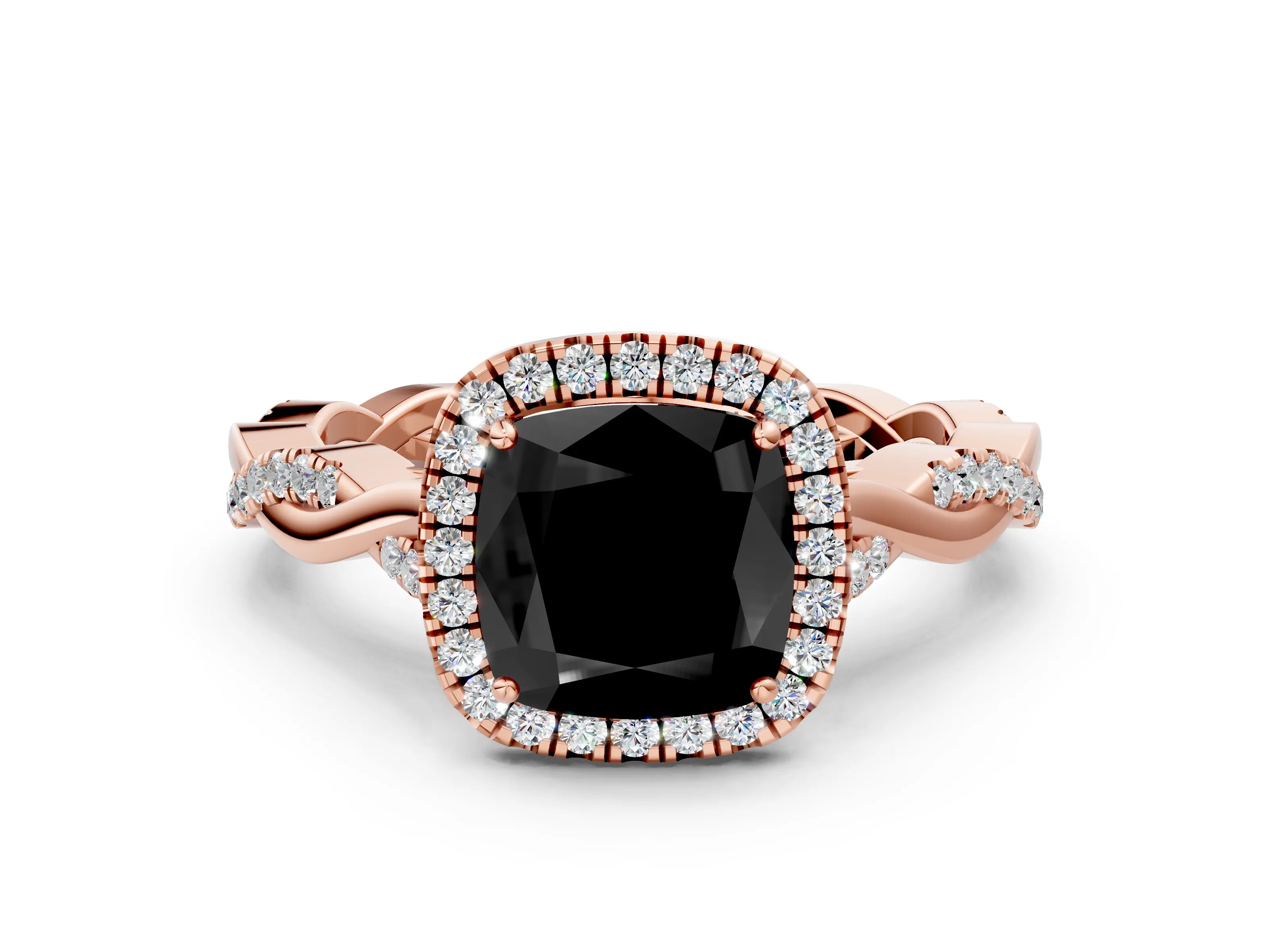 Rose gold Fancy Black Cushion Cut Halo Twist Band with Four-Prong Setting