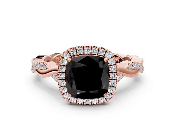 Rose Gold Cushion Cut Interwoven Twist Halo Engagement Ring Setting for Black Center