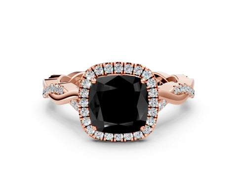 Rose gold Fancy Black Cushion Cut Halo Twist Band with Four-Prong Setting