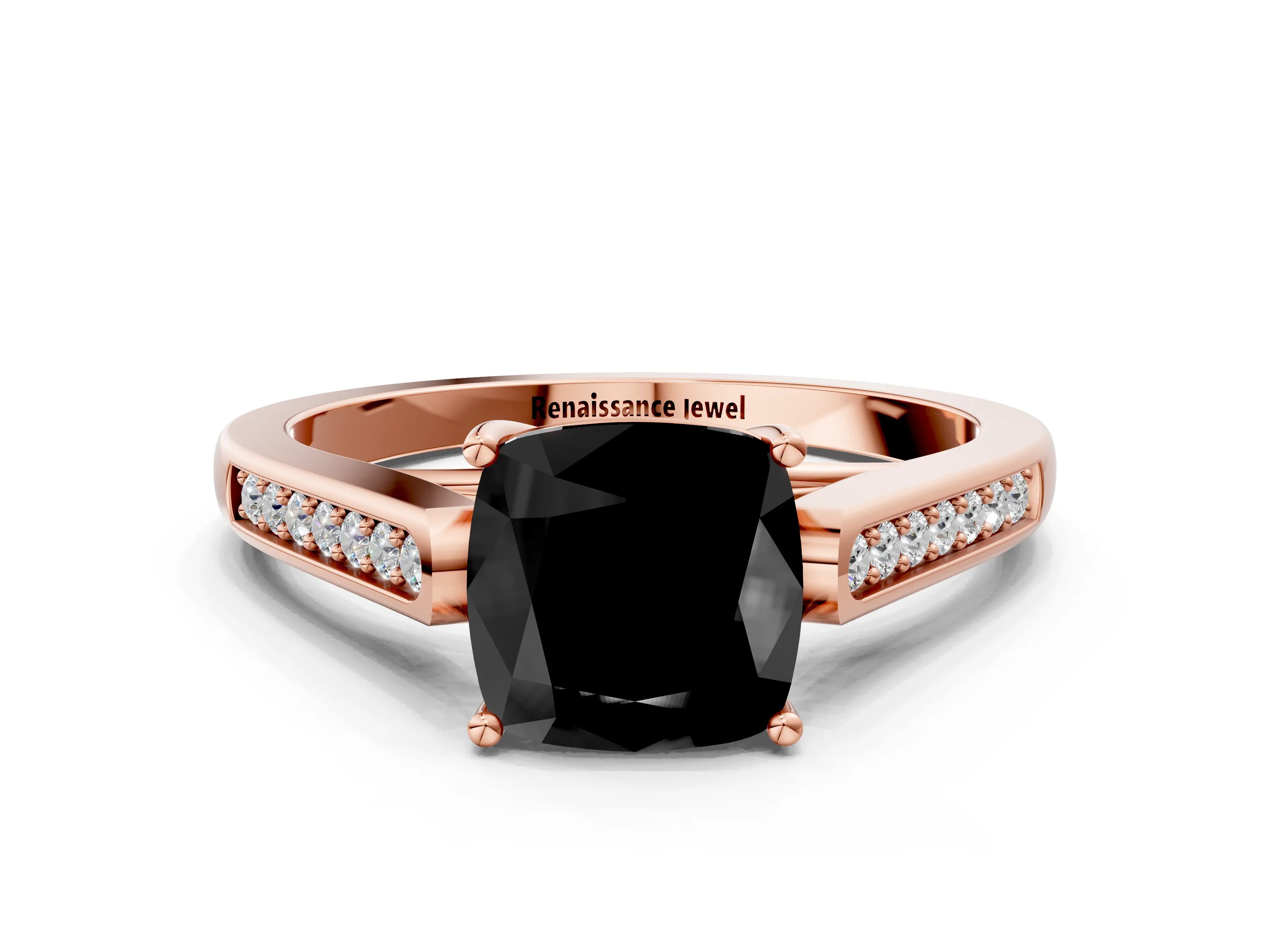 Rose gold Fancy Black Cushion Cut Solitaire Cathedral Diamond Engagement Ring with Channel-Set Band and Four-Prong Setting_3