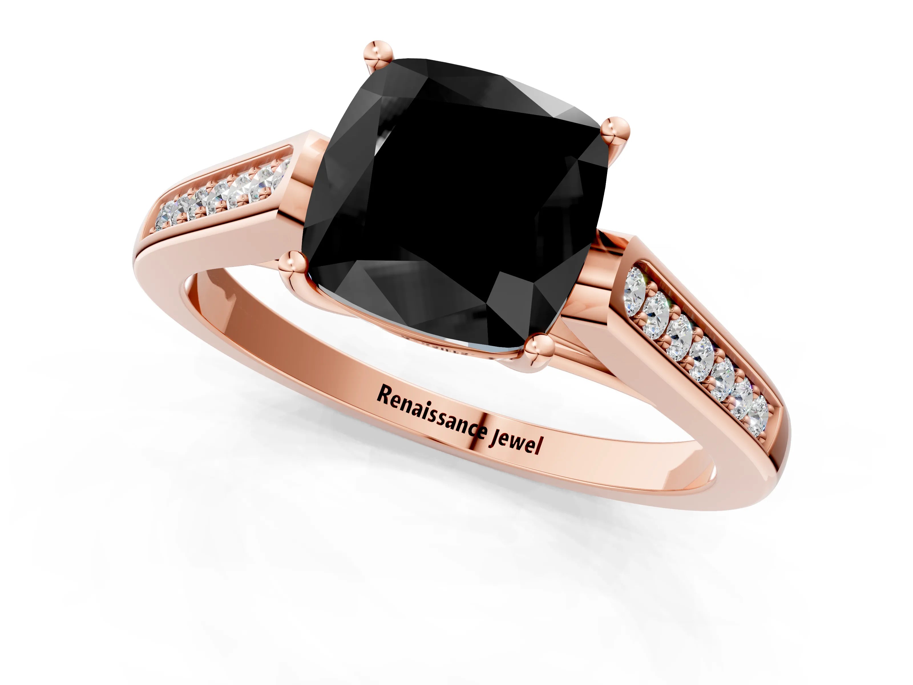 Rose gold Fancy Black Cushion Cut Solitaire Cathedral Diamond Engagement Ring with Channel-Set Band and Four-Prong Setting_4