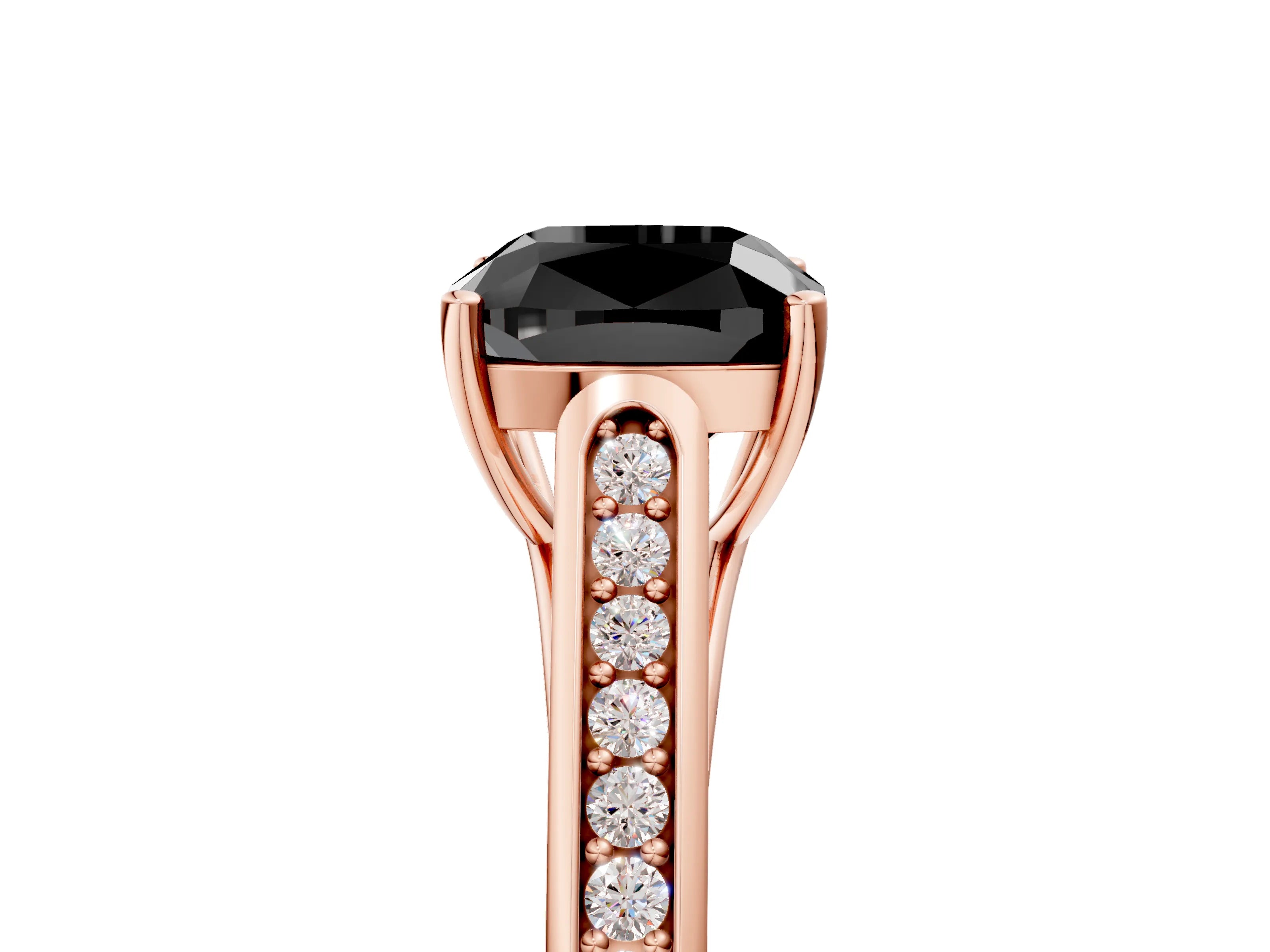Rose gold Fancy Black Cushion Cut Solitaire Cathedral Diamond Engagement Ring with Channel-Set Band and Four-Prong Setting_8