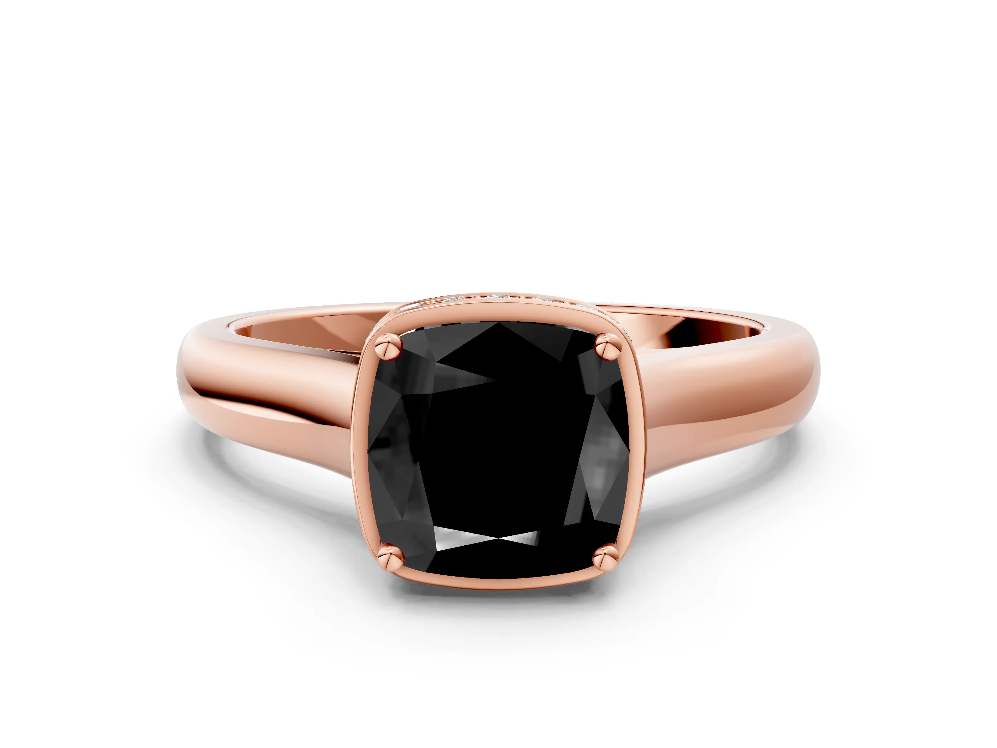 Rose gold Fancy Black Cushion Cut Solitaire Diamond Engagement Ring with Four-Prong Setting and Tapered Band