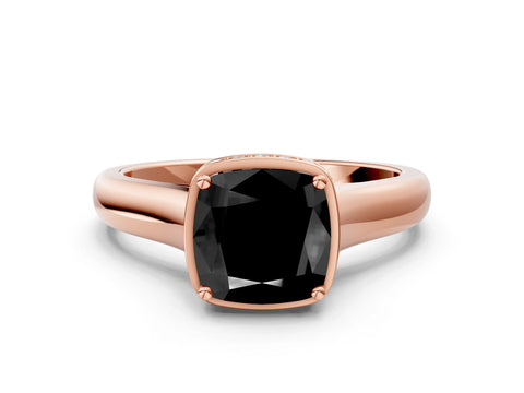 Rose gold Fancy Black Cushion Cut Solitaire Diamond Engagement Ring with Four-Prong Setting and Tapered Band