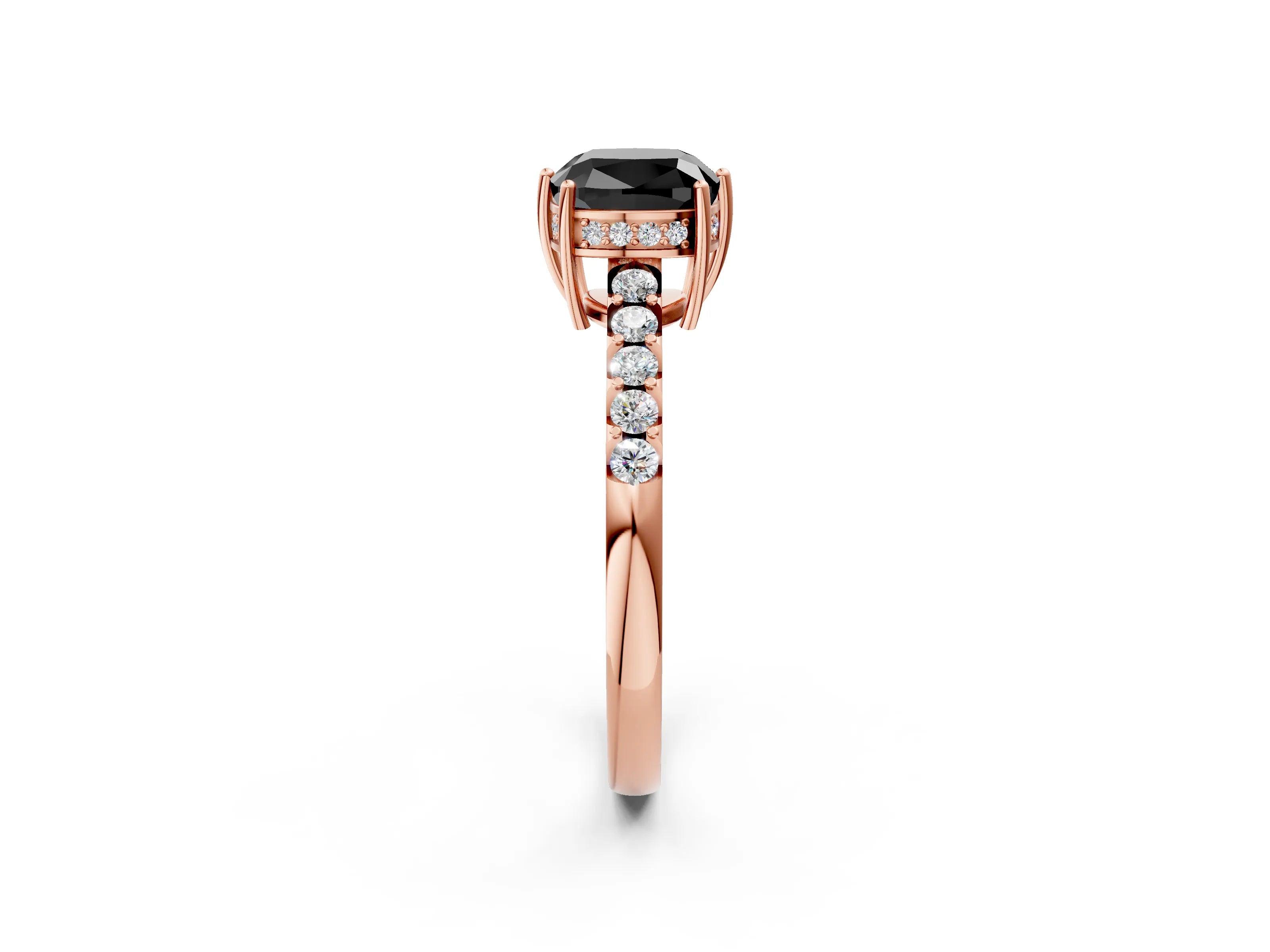 Rose gold Fancy Black Cushion Cut Solitaire Diamond Engagement Ring with Pavé Band and Six-Prong Setting_14
