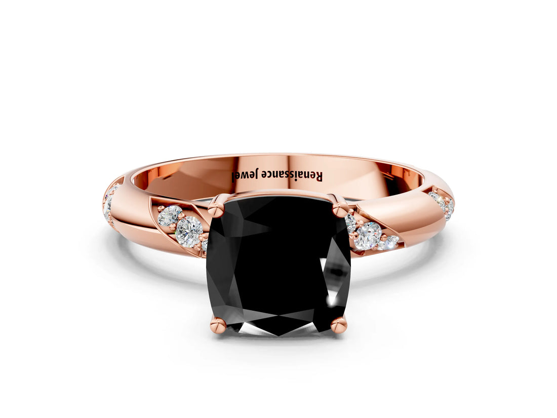 Rose gold Fancy Black Cushion Cut Solitaire Diamond Engagement Ring with Twisted Pave Band and Four-Prong Setting_3