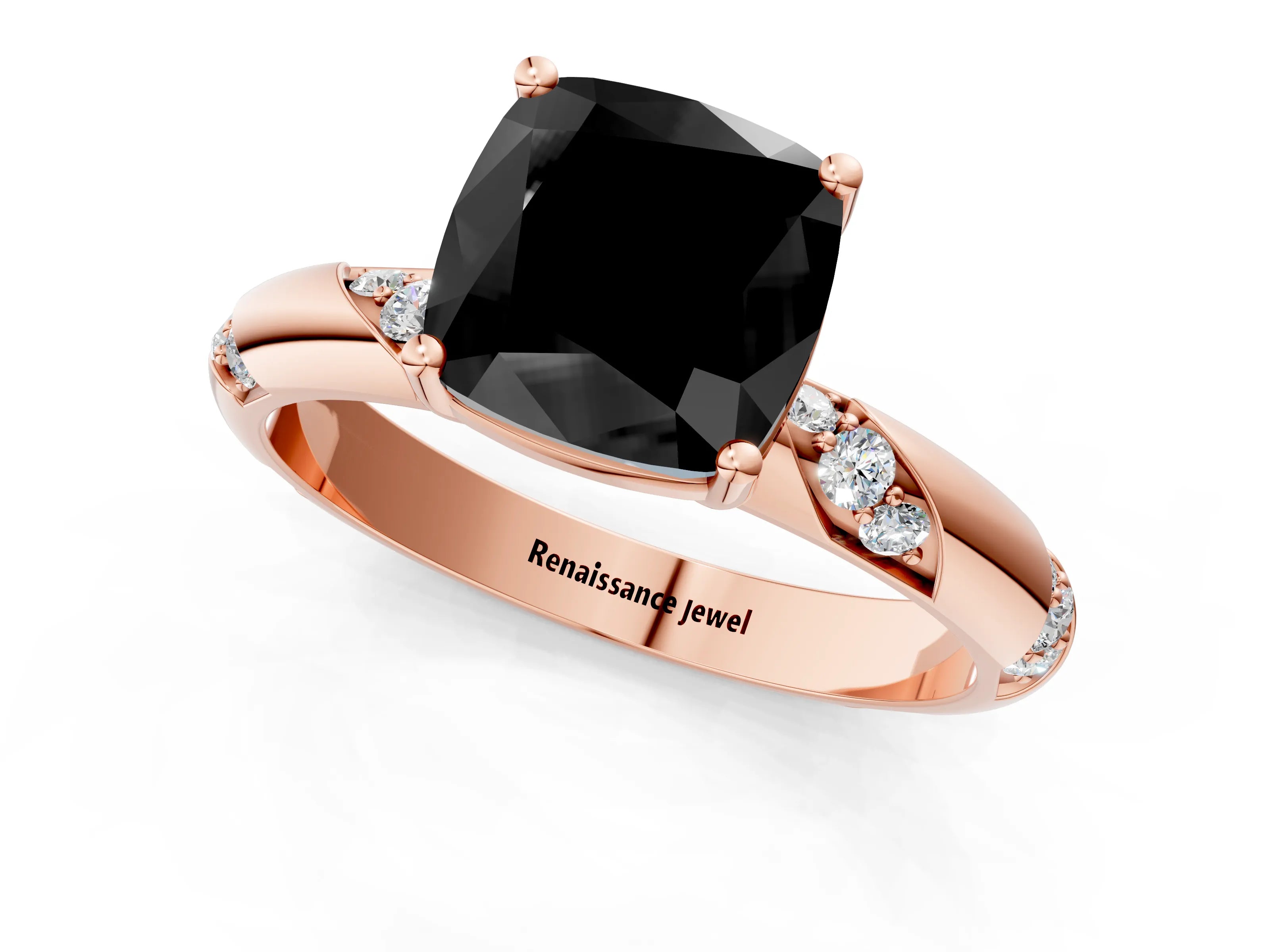 Rose gold Fancy Black Cushion Cut Solitaire Diamond Engagement Ring with Twisted Pave Band and Four-Prong Setting_4