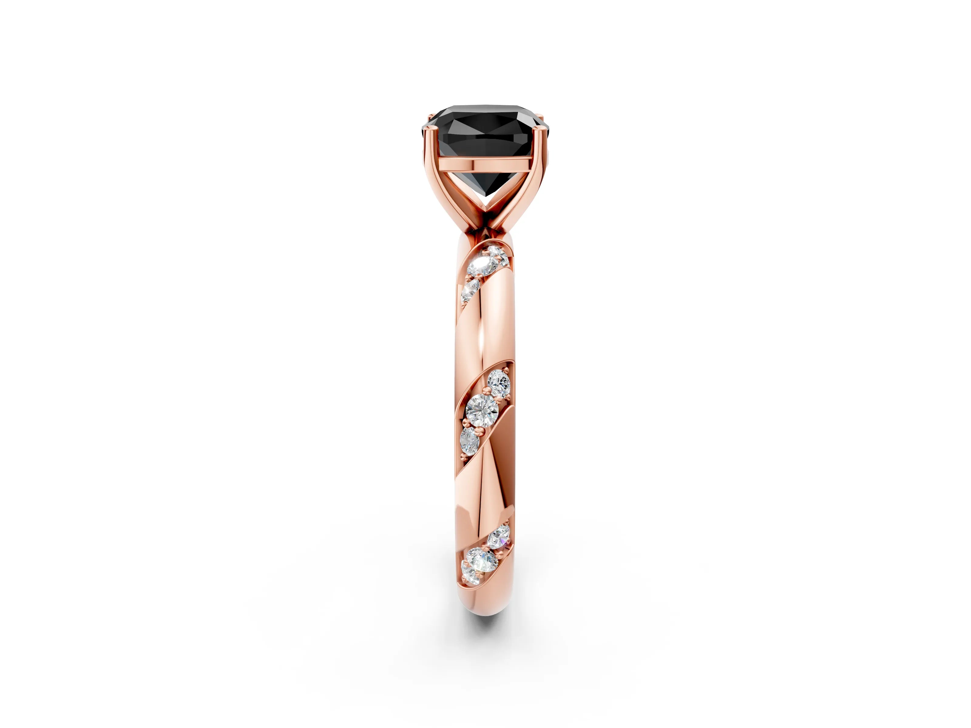Rose gold Fancy Black Cushion Cut Solitaire Diamond Engagement Ring with Twisted Pave Band and Four-Prong Setting_5