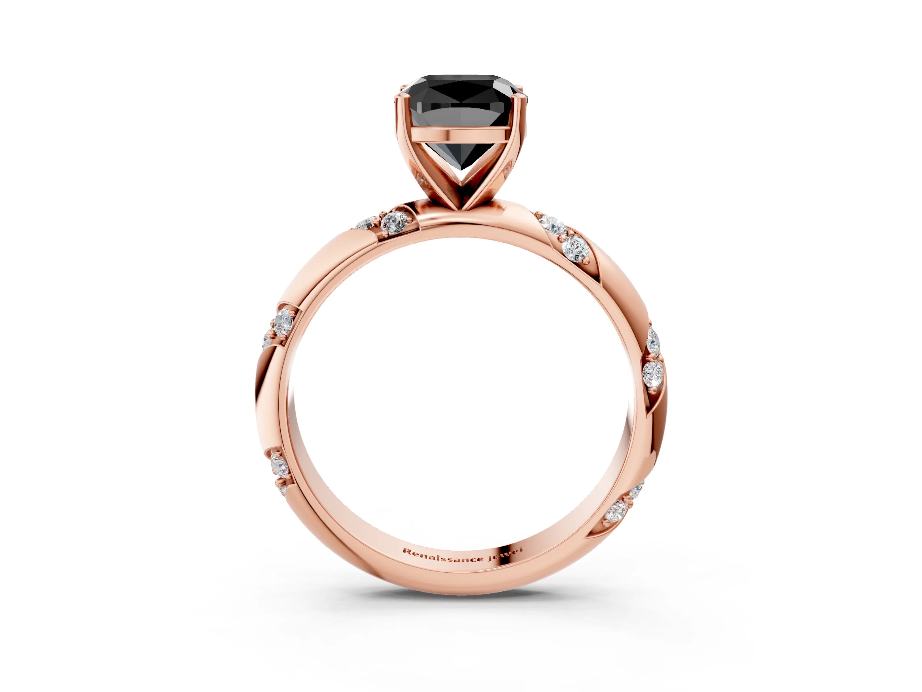 Rose gold Fancy Black Cushion Cut Solitaire Diamond Engagement Ring with Twisted Pave Band and Four-Prong Setting_6
