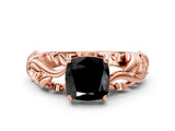 Rose gold Fancy Black Cushion Cut Solitaire Diamond Leaf-Inspired Vine Band Ring with Prong Setting
