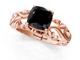 Rose gold Fancy Black Cushion Cut Solitaire Diamond Leaf-Inspired Vine Band Ring with Prong Setting_1