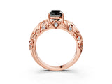 Rose gold Fancy Black Cushion Cut Solitaire Diamond Leaf-Inspired Vine Band Ring with Prong Setting_3