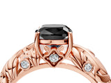 Rose gold Fancy Black Cushion Cut Solitaire Diamond Leaf-Inspired Vine Band Ring with Prong Setting_4