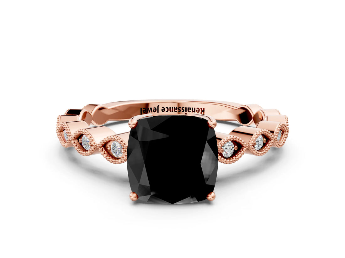 Rose gold Fancy Black Cushion Cut Solitaire Diamond Ring with Infinity Twist Band and Four-Prong Setting_12