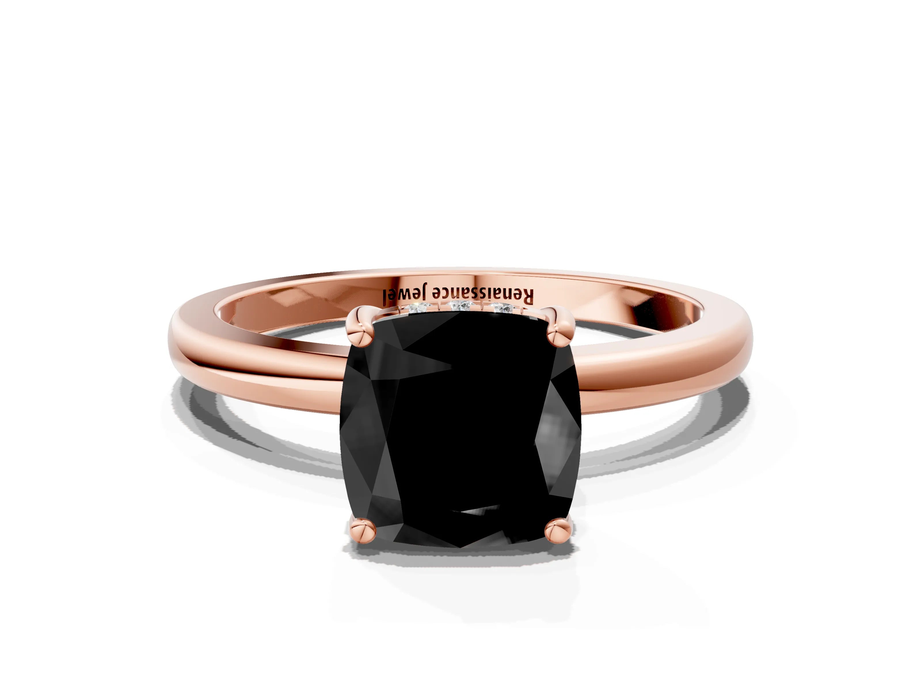 Rose gold Fancy Black Cushion Cut Solitaire Diamond Ring with Prong Setting and Plain Band