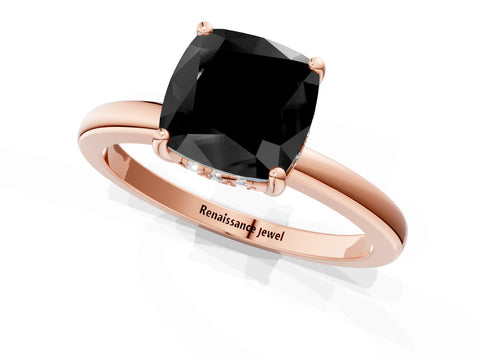 Rose gold Fancy Black Cushion Cut Solitaire Diamond Ring with Prong Setting and Plain Band_1