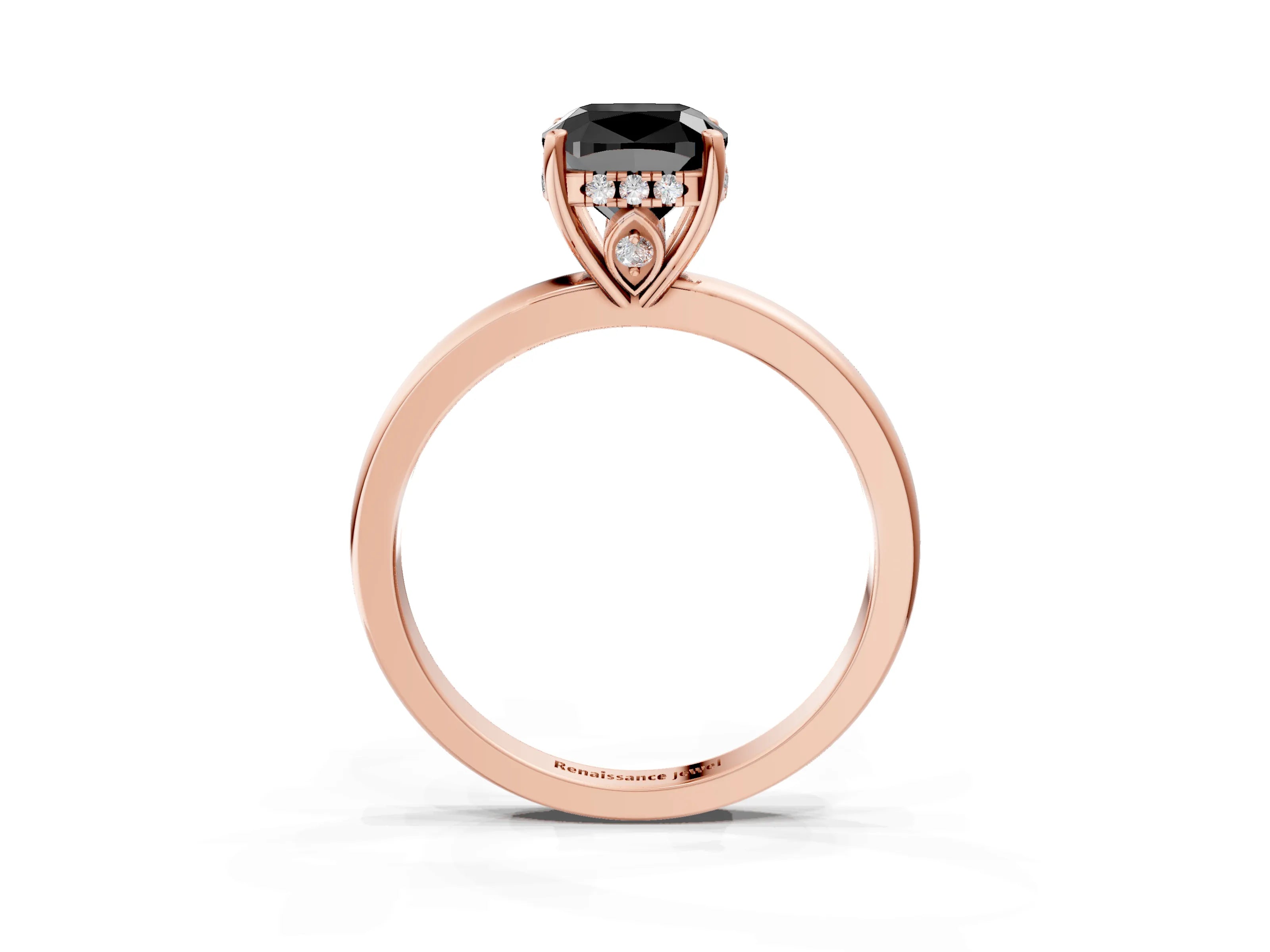 Rose gold Fancy Black Cushion Cut Solitaire Diamond Ring with Prong Setting and Plain Band_3