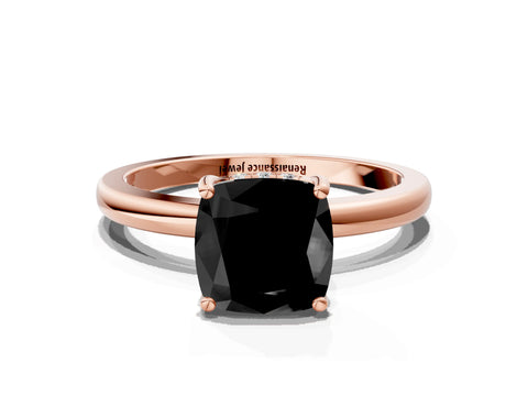Rose gold Fancy Black Cushion Cut Solitaire Diamond Ring with Prong Setting and Plain Band