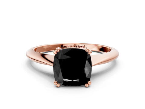 Rose gold Fancy Black Cushion Cut Solitaire Diamond Ring with Six-Prong Setting and Classic Band