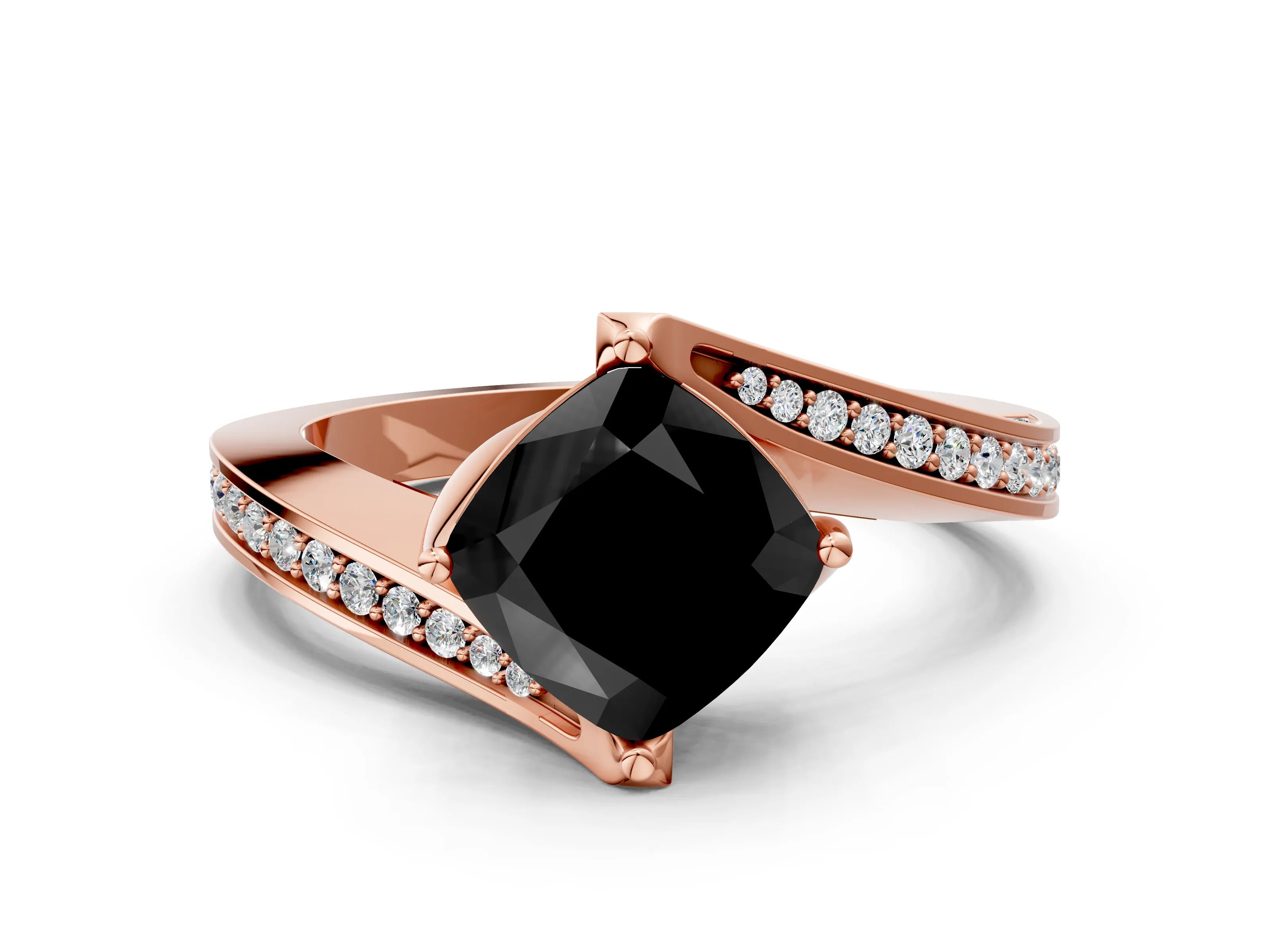 Rose gold Fancy Black Cushion Cut Solitaire Diamond Twist Band with Pavé Setting and Four-Prong Setting