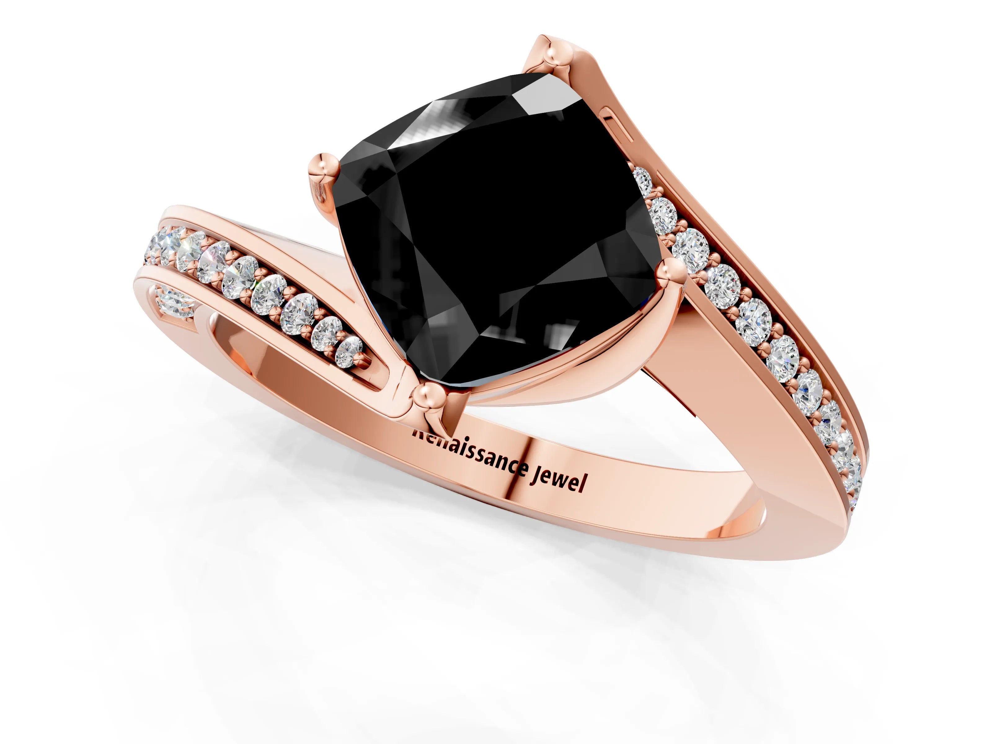 Rose gold Fancy Black Cushion Cut Solitaire Diamond Twist Band with Pavé Setting and Four-Prong Setting_1