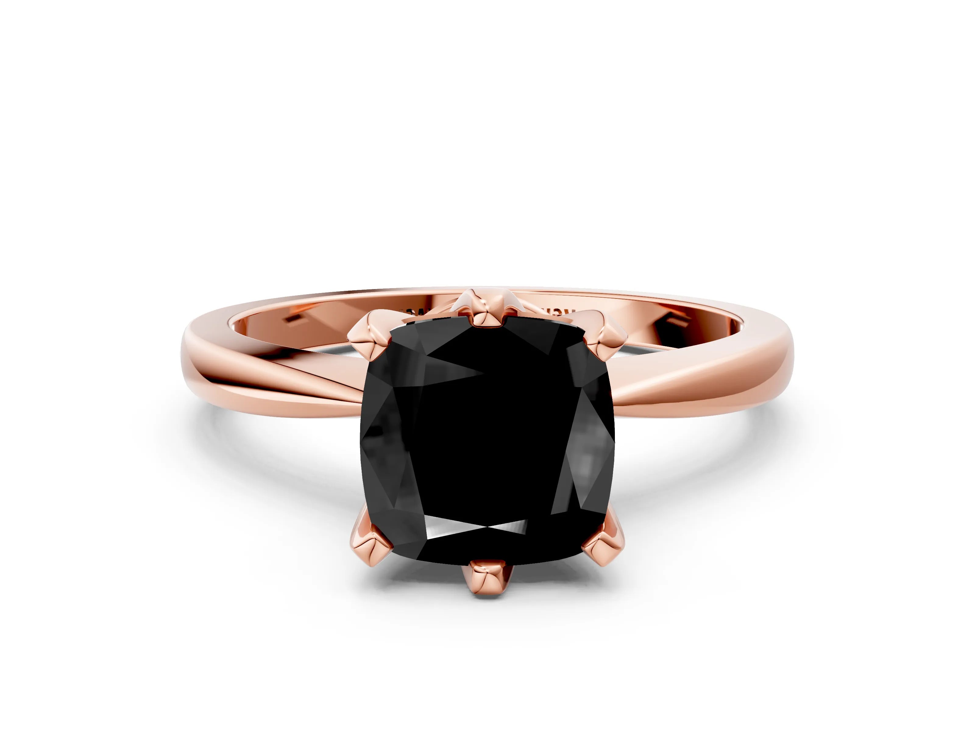 Rose gold Fancy Black Cushion Cut Solitaire Engagement Ring with Six-Prong Setting and Tapered Band